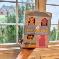 Lala + Mo Stacking Houses (Set of 5 Cardboard Cubes + 3 Wooden Figures)