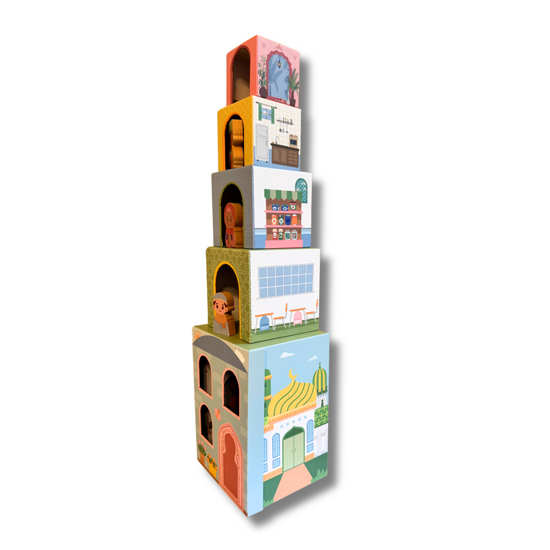 Lala + Mo Stacking Houses (Set of 5 Cardboard Cubes + 3 Wooden Figures)